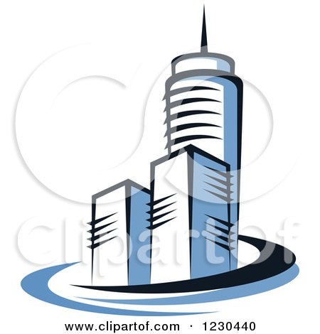 Clipart of Blue Skyscraper Buildings with Swooshes - Royalty Free Vector Illustration by Vector Tradition SM