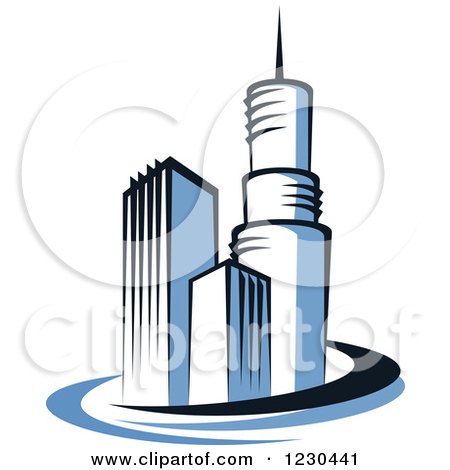 Clipart of Blue Skyscraper Buildings with Swooshes 2 - Royalty Free Vector Illustration by Vector Tradition SM
