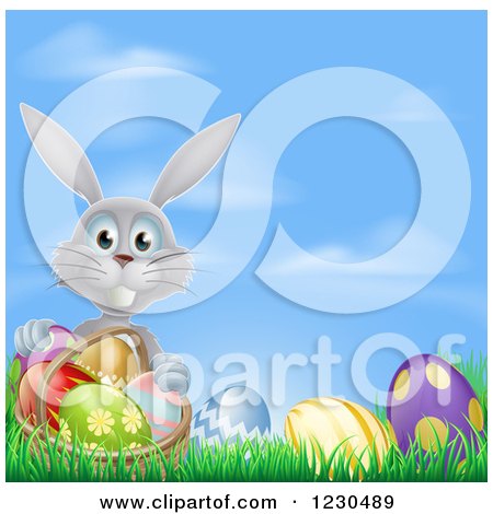 Clipart of a Gray Bunny with a Basket and Easter Eggs in Grass - Royalty Free Vector Illustration by AtStockIllustration