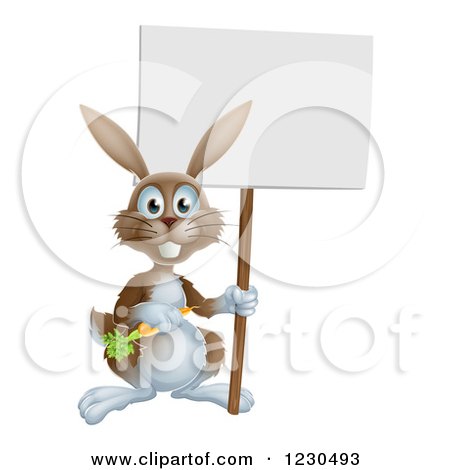 Clipart of a Happy Brown Bunny Rabbit with a Carrot, Holding a Sign - Royalty Free Vector Illustration by AtStockIllustration