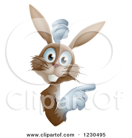 Clipart of a Happy Brown Bunny Rabbit Looking Around and Pointing at a Sign - Royalty Free Vector Illustration by AtStockIllustration