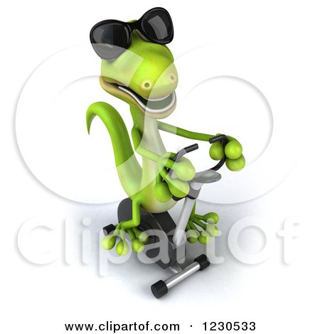 Clipart of a 3d Green Gecko in Sunglasses, Exercising on a Spin Bike 3 - Royalty Free Illustration by Julos