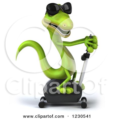 Clipart of a 3d Green Gecko in Sunglasses, Exercising on a Spin Bike - Royalty Free Illustration by Julos
