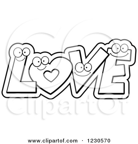 Clipart of an Outlined Happy Heart and Letters Forming Love - Royalty Free Vector Illustration by Cory Thoman