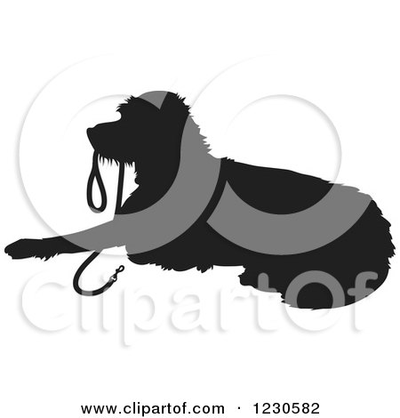 Clipart of a Black Silhouetted Dog Resting with a Leash in His Mouth - Royalty Free Vector Illustration by Maria Bell
