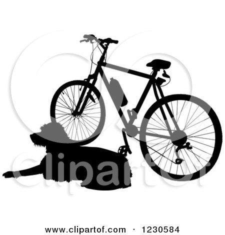 Clipart of a Black Silhouetted Dog Resting by a Bicycle - Royalty Free Vector Illustration by Maria Bell