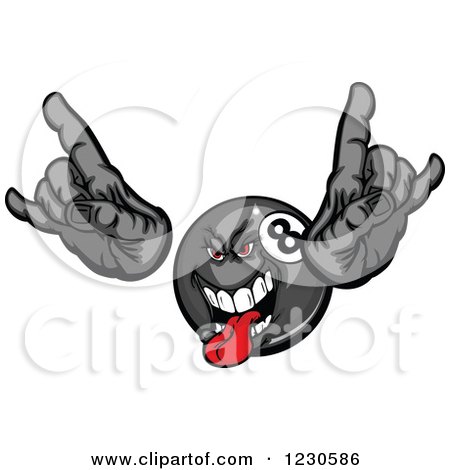 Clipart of a Rocker Dude Billiards Eightball Holding up Fingers and Sticking out His Tongue - Royalty Free Vector Illustration by Chromaco