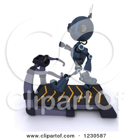 Clipart of a 3d Android Robot Exercising on a Treadmill 2 - Royalty Free Illustration by KJ Pargeter