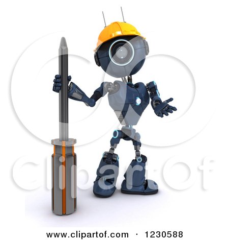 Clipart of a 3d Blue Android Robot with a Screwdriver - Royalty Free Illustration by KJ Pargeter