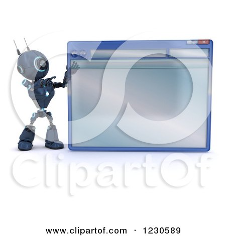 Clipart of a 3d Blue Android Robot Pointing to a Computer Window - Royalty Free Illustration by KJ Pargeter