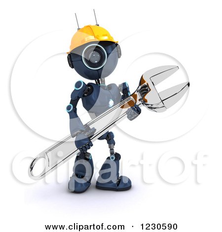 Clipart of a 3d Blue Android Construction Robot with a Spanner Wrench 2 - Royalty Free Illustration by KJ Pargeter
