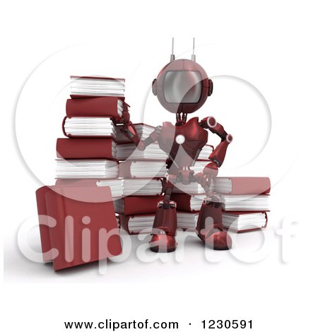 Clipart of a 3d Red Android Robot with Books - Royalty Free Illustration by KJ Pargeter