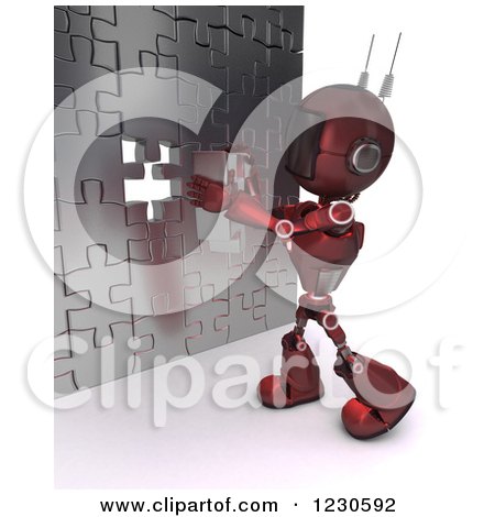Clipart of a 3d Red Android Robot Inserting the Last Piece to a Puzzle Wall - Royalty Free Illustration by KJ Pargeter