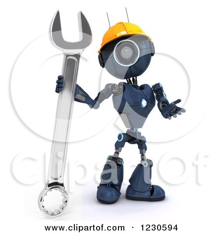 Clipart of a 3d Blue Android Construction Robot with a Spanner Wrench 3 - Royalty Free Illustration by KJ Pargeter