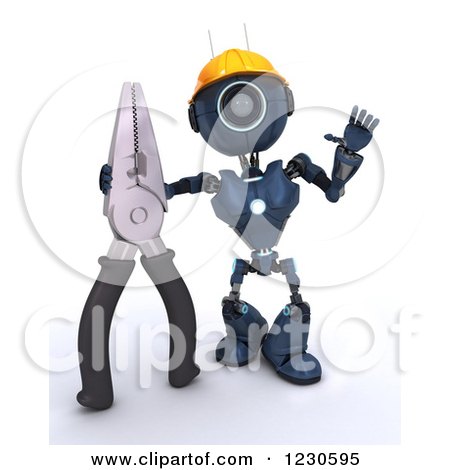 Clipart of a 3d Blue Android Construction Robot with Pliers - Royalty Free Illustration by KJ Pargeter