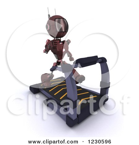 Clipart of a 3d Red Android Robot Exercising on a Treadmill 2 - Royalty Free Illustration by KJ Pargeter