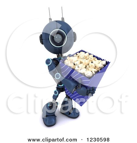 Clipart of a 3d Blue Android Robot with Movie Popcorn - Royalty Free Illustration by KJ Pargeter