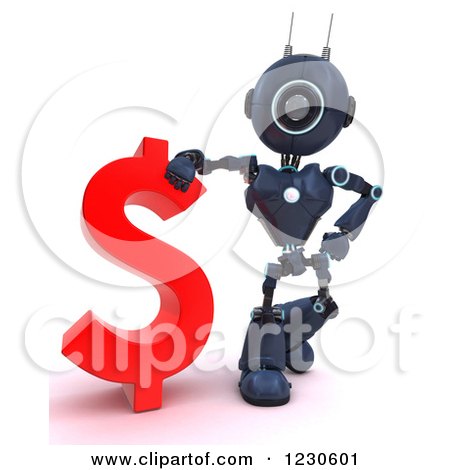 Clipart of a 3d Blue Android Robot Standing by a Dollar Currency Symbol - Royalty Free Illustration by KJ Pargeter