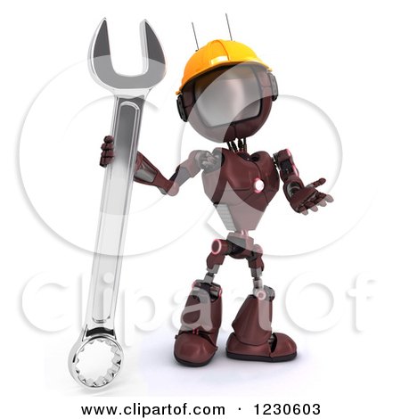 Clipart of a 3d Red Android Construction Robot with a Spanner Wrench 2 - Royalty Free Illustration by KJ Pargeter