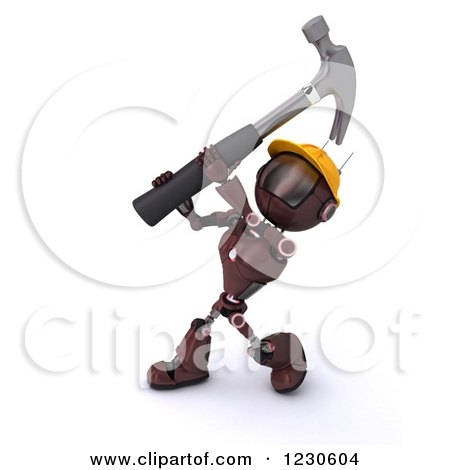 Clipart of a 3d Red Android Construction Robot Hammering - Royalty Free Illustration by KJ Pargeter