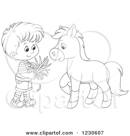 Clipart of a Happy Outlined Boy Feeding a Horse Hay - Royalty Free Vector Illustration by Alex Bannykh