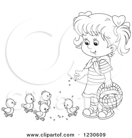 Clipart of a Happy Outlined Girl Feeding Chicks - Royalty Free Vector Illustration by Alex Bannykh