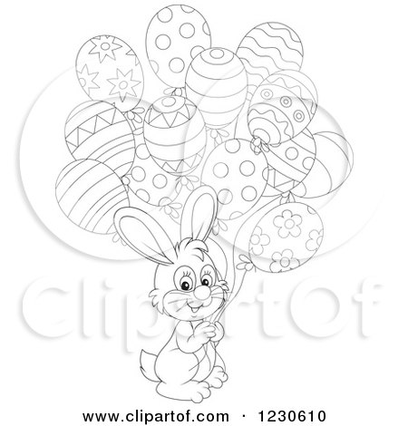 Clipart of an Outlined Happy Bunny Rabbit with Party Balloons - Royalty Free Vector Illustration by Alex Bannykh