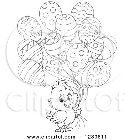 Clipart of a Cute Line Art Chick with Party Balloons - Royalty Free Illustration by Alex Bannykh