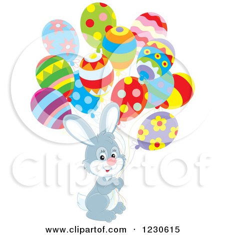 Clipart of a Happy Gray Bunny Rabbit with Party Balloons - Royalty Free Vector Illustration by Alex Bannykh