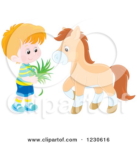 Clipart of a Happy Caucasian Boy Feeding a Horse Hay - Royalty Free Vector Illustration by Alex Bannykh