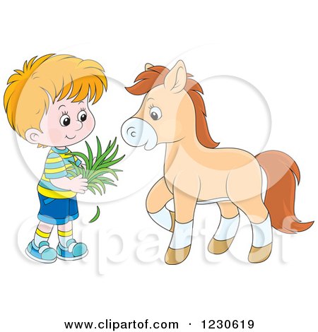 Clipart of a Happy White Boy Feeding a Horse Hay - Royalty Free Vector Illustration by Alex Bannykh