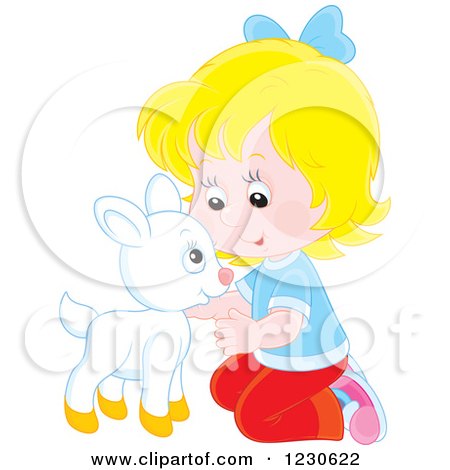 Clipart of a Happy Caucasian Girl Petting a Baby Goat - Royalty Free Vector Illustration by Alex Bannykh