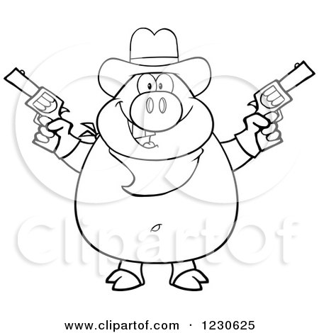Clipart of an Outlined Shooting Cowboy Pig - Royalty Free Vector Illustration by Hit Toon