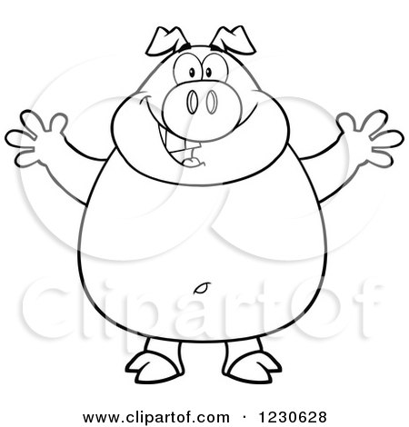 Clipart of an Outlined Pig with Open Arms for a Hug - Royalty Free Vector Illustration by Hit Toon