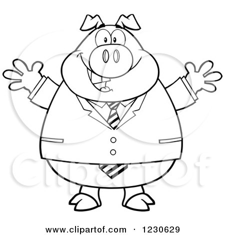 Clipart of an Outlined Happy Welcoming Business Pig - Royalty Free Vector Illustration by Hit Toon