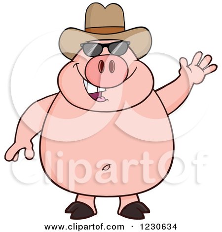 Clipart of a Waving Pig with Sunglasses and a Cowboy Hat - Royalty Free Vector Illustration by Hit Toon