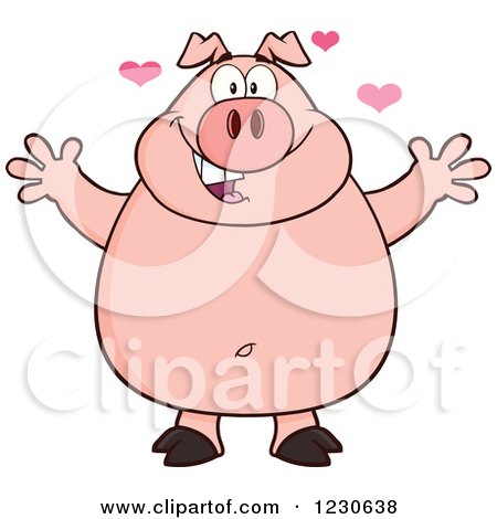 Clipart of a Happy Pig with Hearts and Open Arms for a Hug - Royalty Free Vector Illustration by Hit Toon