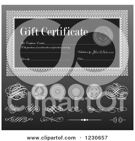 Clipart of a Grayscale Gift Certificate with Swirls and Seals - Royalty Free Vector Illustration by BestVector