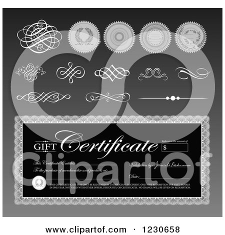 Clipart of a Grayscale Gift Certificate with Swirls and Seals 2 - Royalty Free Vector Illustration by BestVector