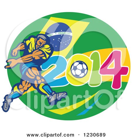 Clipart of a Soccer Player Kicking over a Brazilian Flag and 2014 - Royalty Free Vector Illustration by patrimonio