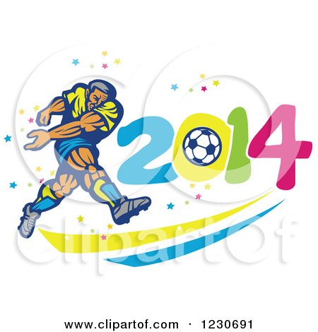 Clipart of a Soccer Player Kicking over 2014 - Royalty Free Vector Illustration by patrimonio