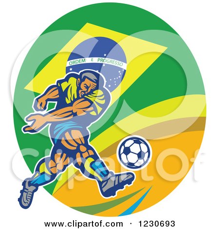 Clipart of a Soccer Player Kicking over a Brazilian Flag - Royalty Free Vector Illustration by patrimonio