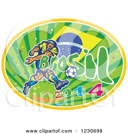 Clipart of a Soccer Player Kicking over a Brazilian Flag 2014 and Rays - Royalty Free Vector Illustration by patrimonio