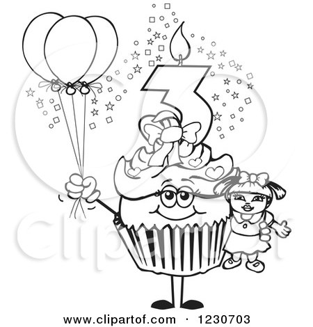 Clipart of a Line Art Girl Third Birthday Cupcake with a Doll and Balloons - Royalty Free Vector Illustration by Dennis Holmes Designs