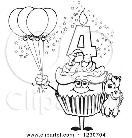 Clipart of a Line Art Girls Fourth Birthday Cupcake with a Pony and Balloons - Royalty Free Vector Illustration by Dennis Holmes Designs