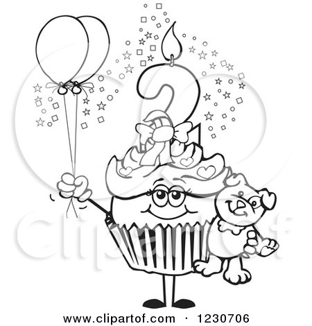 Clipart of a Line Art Girls Second Birthday Cupcake with a Teddy Bear and Balloons - Royalty Free Vector Illustration by Dennis Holmes Designs