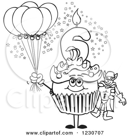 Clipart of a Line Art Boys Sixth Birthday Cupcake with a Super Hero and Balloons - Royalty Free Vector Illustration by Dennis Holmes Designs
