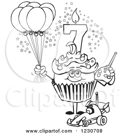 Clipart of a Line Art Boys Seventh Birthday Cupcake with a Remote Control Car and Balloons - Royalty Free Vector Illustration by Dennis Holmes Designs
