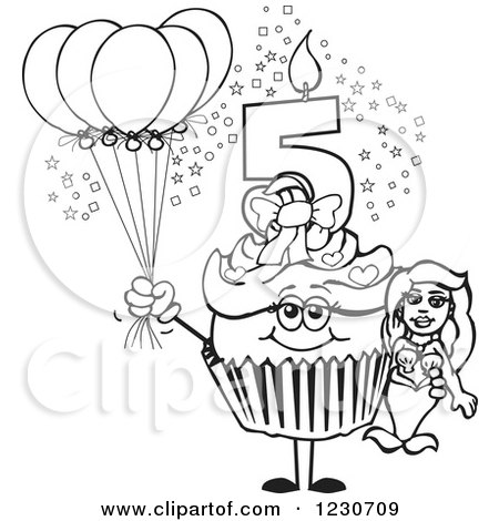 Clipart of a Line Art Girls Fifth Birthday Cupcake with a Mermaid and Balloons - Royalty Free Vector Illustration by Dennis Holmes Designs