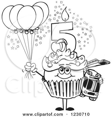 Clipart of a Line Art Boys Fifth Birthday Cupcake with a Fire Engine and Balloons - Royalty Free Vector Illustration by Dennis Holmes Designs